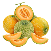 Arrangement of whole and sliced cantaloupe melons showing their vibrant colors and textures displayed well on transparent background png