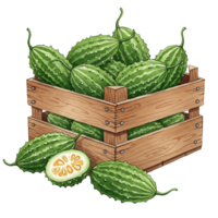 Crate filled with green spiky fruits and a sliced fruit showing its seeds on a plain setting on transparent background png