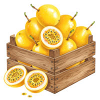 A Watercolor crate filled with granadillas and two halves of the fruit in the foreground view image on transparent background png
