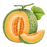 A cantaloupe fruit cut open with seeds and a slice next to the whole fruit with a leaf attached on transparent background png