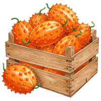 A Watercolor crate filled with several horned melons, one lying beside it on a transparent surface on transparent background png