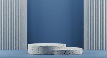Minimalist studio scene with a multi-level terrazzo stand and a clean blue and grey aesthetic photo