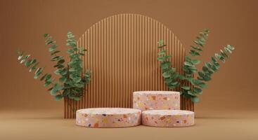 Three terrazzo podiums stand before a ribbed arch and eucalyptus branches in warm earth tones photo
