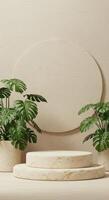 Natural product display featuring textured beige stands, tropical foliage, and organic stone elements photo