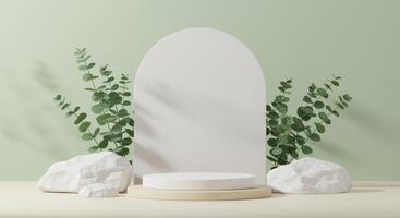 A white cylindrical podium rests on a beige base, flanked by white rocks and eucalyptus against a mint green backdrop photo