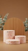 Product display with speckled pink platforms, a textured brown backdrop, and natural foliage photo