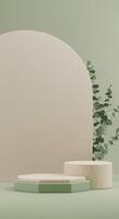 Minimalist pastel product display featuring geometric green stands and delicate grey-green foliage photo