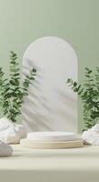 Minimalist product display with a white and beige stand, textured white stones, and fresh eucalyptus branches photo