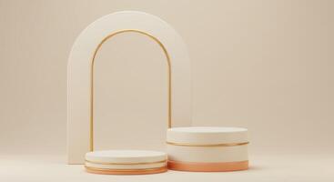 Two white and pink marble podiums with gold accents stand before a white and gold arch photo