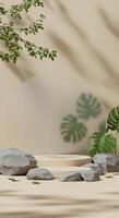 Natural product display featuring a textured beige stand, rough grey stones, and tropical Monstera foliage photo