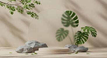A beige stone podium is surrounded by grey rocks and Monstera leaves, with a frosted oval backdrop and leafy branch photo