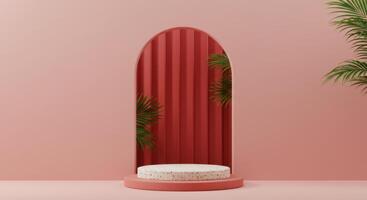 A speckled beige podium sits within a red arched niche with palm leaves against a soft pink wall photo