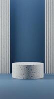 Geometric presentation with a layered grey podium and a backdrop of solid blue and ribbed grey photo