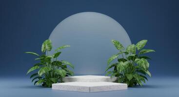 A white geometric podium stands before a frosted arch, flanked by lush green tropical plants against a deep blue backdrop photo