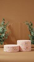Minimalist scene featuring terrazzo cylinders, an arched panel, and delicate green eucalyptus photo