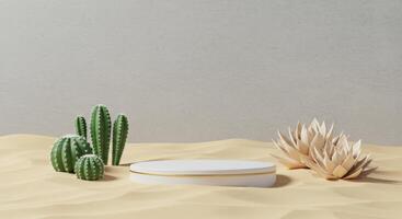 A white and gold cylindrical podium sits on sand, surrounded by green cacti and a beige succulent against a light grey wall photo