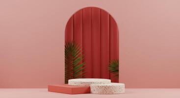 Clean studio scene with a textured beige stand and vibrant green palm leaves within a red archway photo