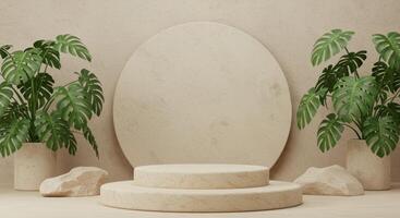 Two beige stone podiums stand before an oval backdrop, flanked by Monstera plants and rough rocks photo
