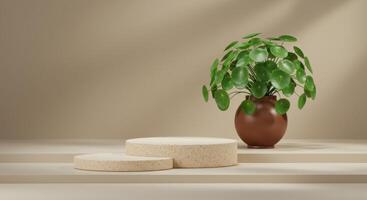 Two speckled beige podiums sit beside a Chinese Money Plant in a brown vase against a soft beige backdrop photo