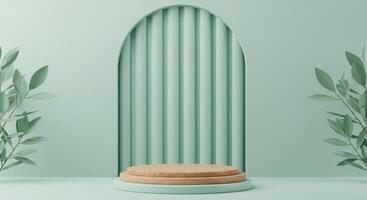A wooden-topped podium with gold trim sits before a mint green oval and ribbed wall, flanked by leafy branches photo