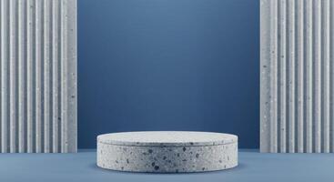 Modern product display featuring a speckled grey platform and contrasting blue and textured grey photo