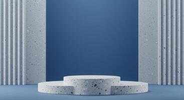 A three-tiered grey terrazzo podium stands against a solid blue backdrop framed by textured grey panels photo