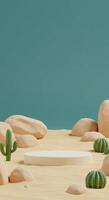 Minimalist desert product display featuring white stands and geometric cacti in a teal and beige scene photo