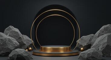 A gold and black cylindrical podium stands amidst grey rocks before a black arch outlined in gold, with gold spheres photo
