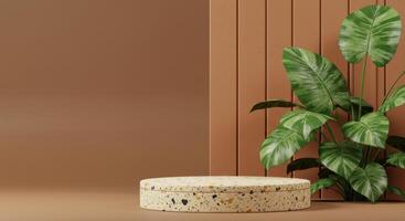 Earthy and organic scene with a speckled podium, brown vertical textures, and large plant leaves photo
