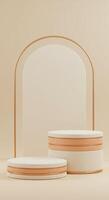 Clean studio scene with marble textured podiums and a stylish white and gold backdrop photo