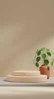 Two speckled beige podiums sit beside a Pilea peperomioides in a brown pot against a warm beige backdrop photo