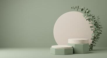 Two sage green hexagonal podiums with speckled tops stand before an oval backdrop with eucalyptus photo