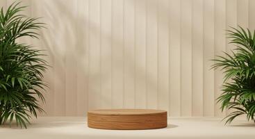 A wooden cylindrical podium stands between two lush palm plants against a vertically paneled wall with shadows photo