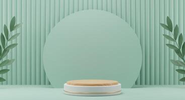 Minimalist pastel product display featuring a wood and gold stand against a soft green backdrop with foliage photo