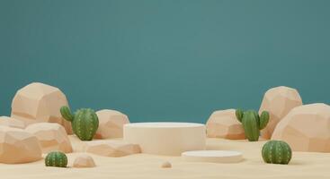 Two white cylindrical podiums sit among stylized beige rocks and green cacti against a teal backdrop photo