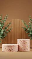 Earthy presentation with colorful speckled podiums, a warm brown arch, and organic eucalyptus stems photo