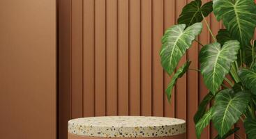 A terrazzo-topped podium sits before a textured brown wall and lush green foliage photo