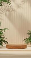 Natural product display featuring a wood platform and vibrant green palms in a softly lit studio photo