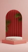 Minimalist product display featuring a terrazzo platform and tropical foliage in a warm pastel setting photo