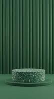 Minimalist monochromatic product display featuring a speckled green podium against a textured green backdrop photo