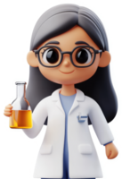 Cheerful cartoon scientist holds a flask of liquid. png