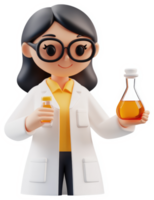 Cheerful cartoon scientist holds laboratory glassware. png