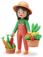 Smiling girl farmer carries a basket of colorful vegetables. png