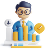 Smiling business person surrounded by graphs and a clock, symbolizing efficient work. png