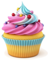 Vibrant frosted cupcake with colorful frosting swirls and sprinkles. png