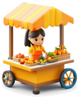 Smiling girl operates a colorful fruit stand. png