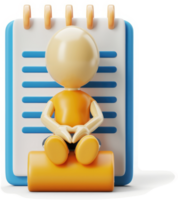 Small figure seated on a notepad, contemplating ideas. png