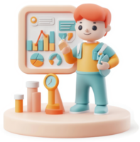 Animated boy presenting data on a colorful interactive whiteboard. png