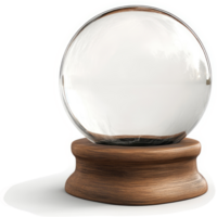 Empty glass snow globe rests on a wooden base. png