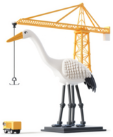 Large crane bird figurine with a tiny vehicle. png